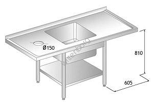 Stół ze zlewem, półką, otworem na odpadki i miejscem na zmywarkę 1800x600mm
