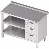 Stół przyścienny z blokiem trzech szuflad (P),i 2-ma półkami 1200x600x850 mm